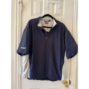PING‎ Golf 1/4 Zip Windbreaker Pullover Navy Gray Short Sleeve L